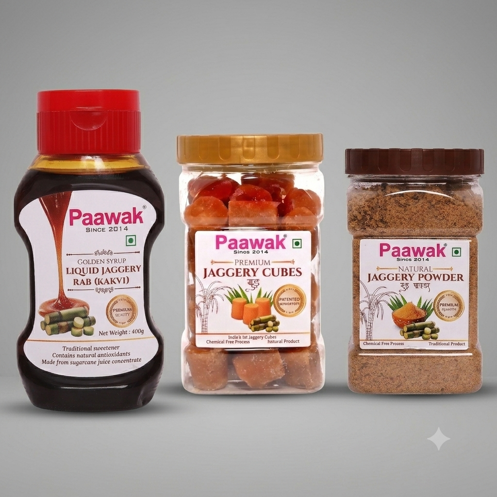 1 Liquid Jaggery (400g) + 1 Jaggery Cube (500g) + 1 Jaggery Powder (500g)