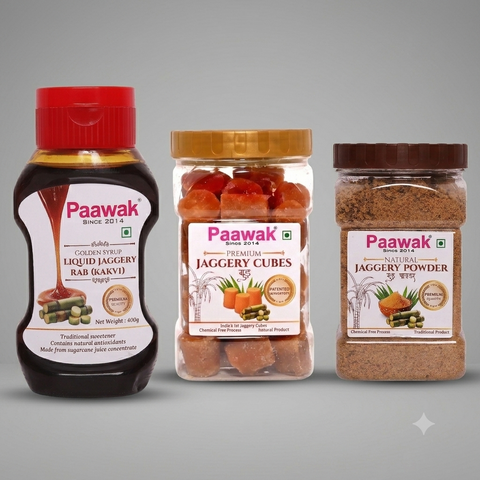 1 Liquid Jaggery (400g) + 1 Jaggery Cube (500g) + 1 Jaggery Powder (500g)