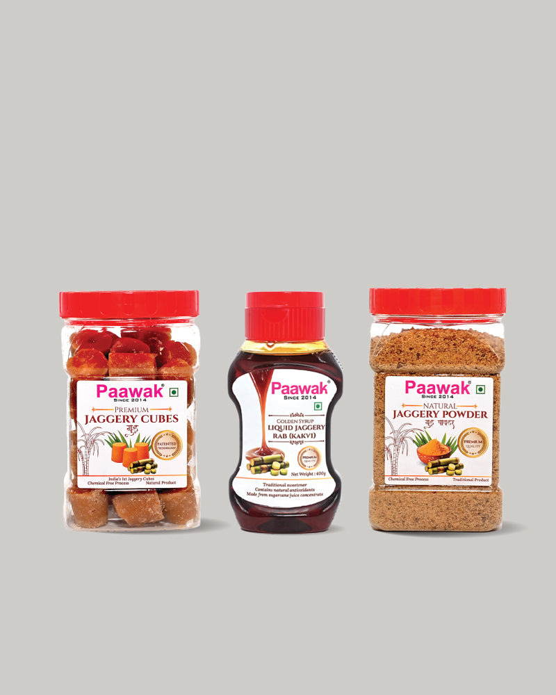 1 Liquid Jaggery (400g) + 1 Jaggery Cube (500g) + 1 Jaggery Powder (500g)